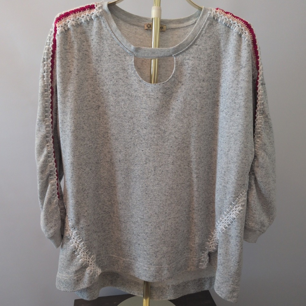 Democracy Sweatshirt Womens 1X Gray Crochet Trim Keyhole French Terry WTV06085E